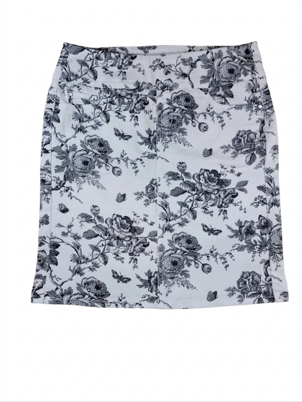 Chadwicks Floral Butterfly Denim Skirt Women 8 Toile Stretch Cottagecore